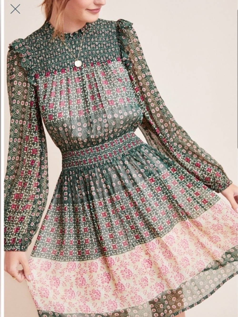 By Anthropologie - Burgundy and Green high-necked dress